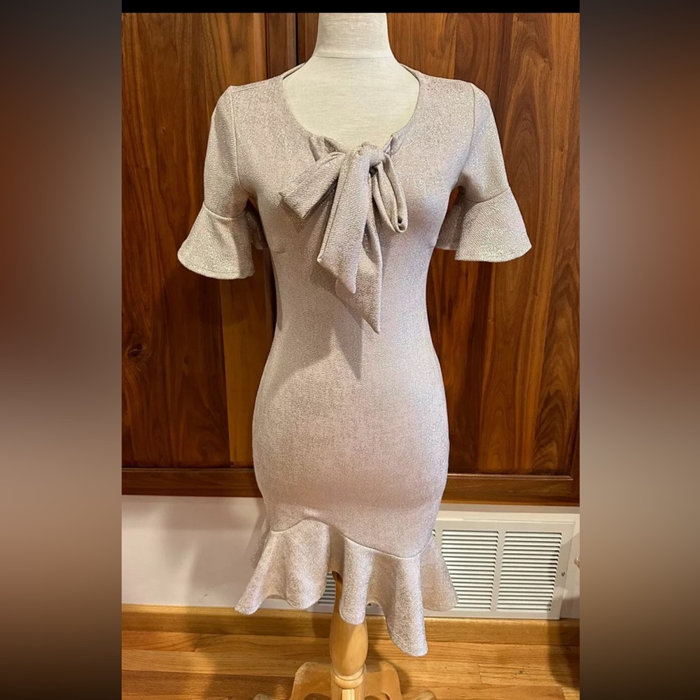 NWOT Shimmer Bow Tie Neck Dress Neutral Beige Bodycon Size S
